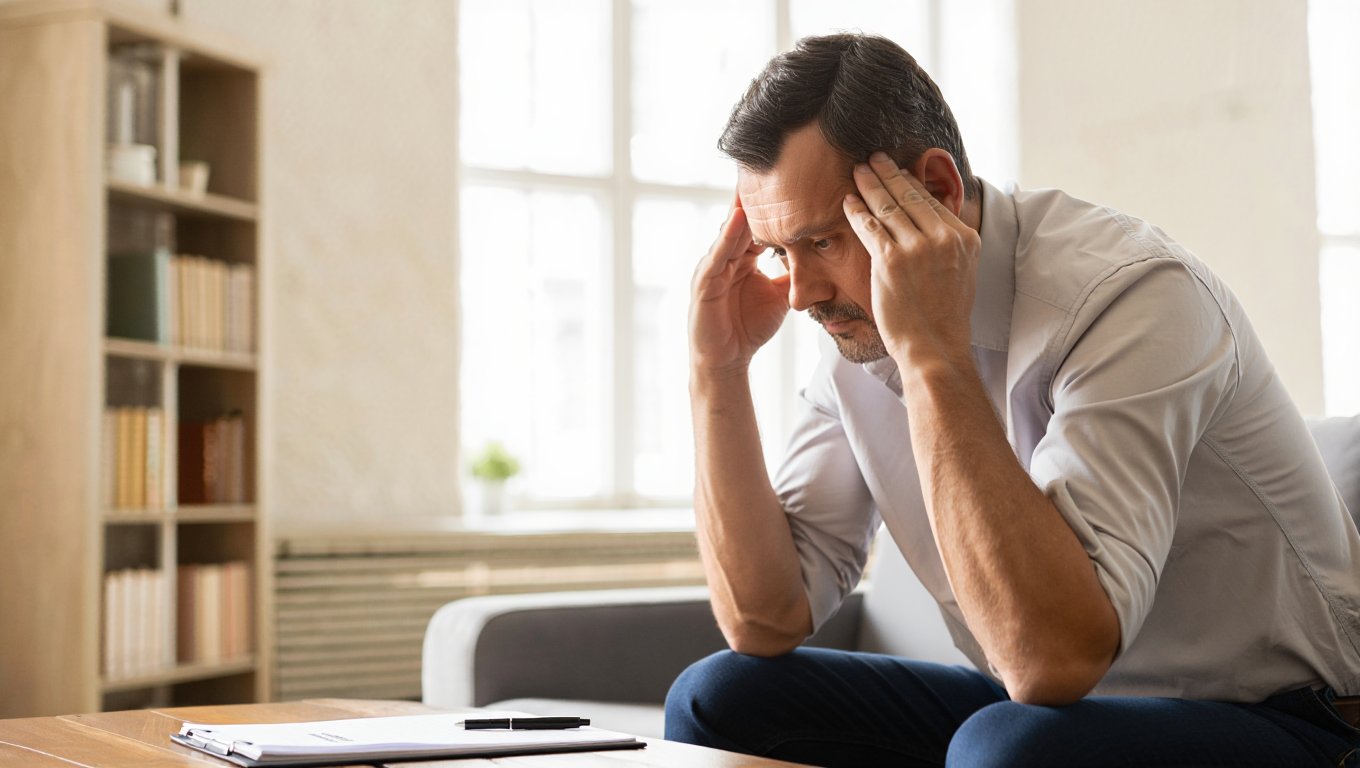 Мужчина под страхом деперсонализации Мужчина сидит в комнате и держит голову руками