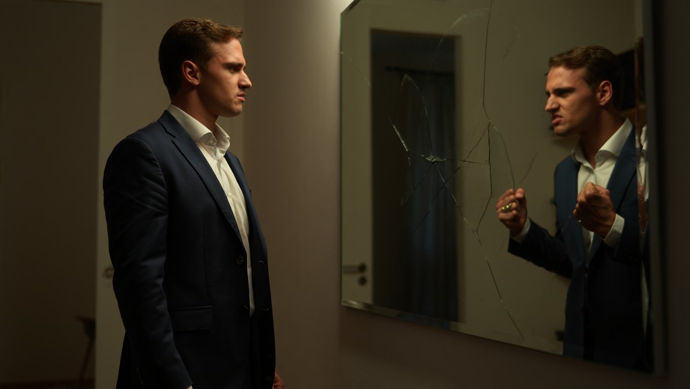 Коцентуальное изображение, символизирующее диссоциативное расстройство Мужчина в костюме смотрит на свое искаженное отраженеие в разбиотм зеркале